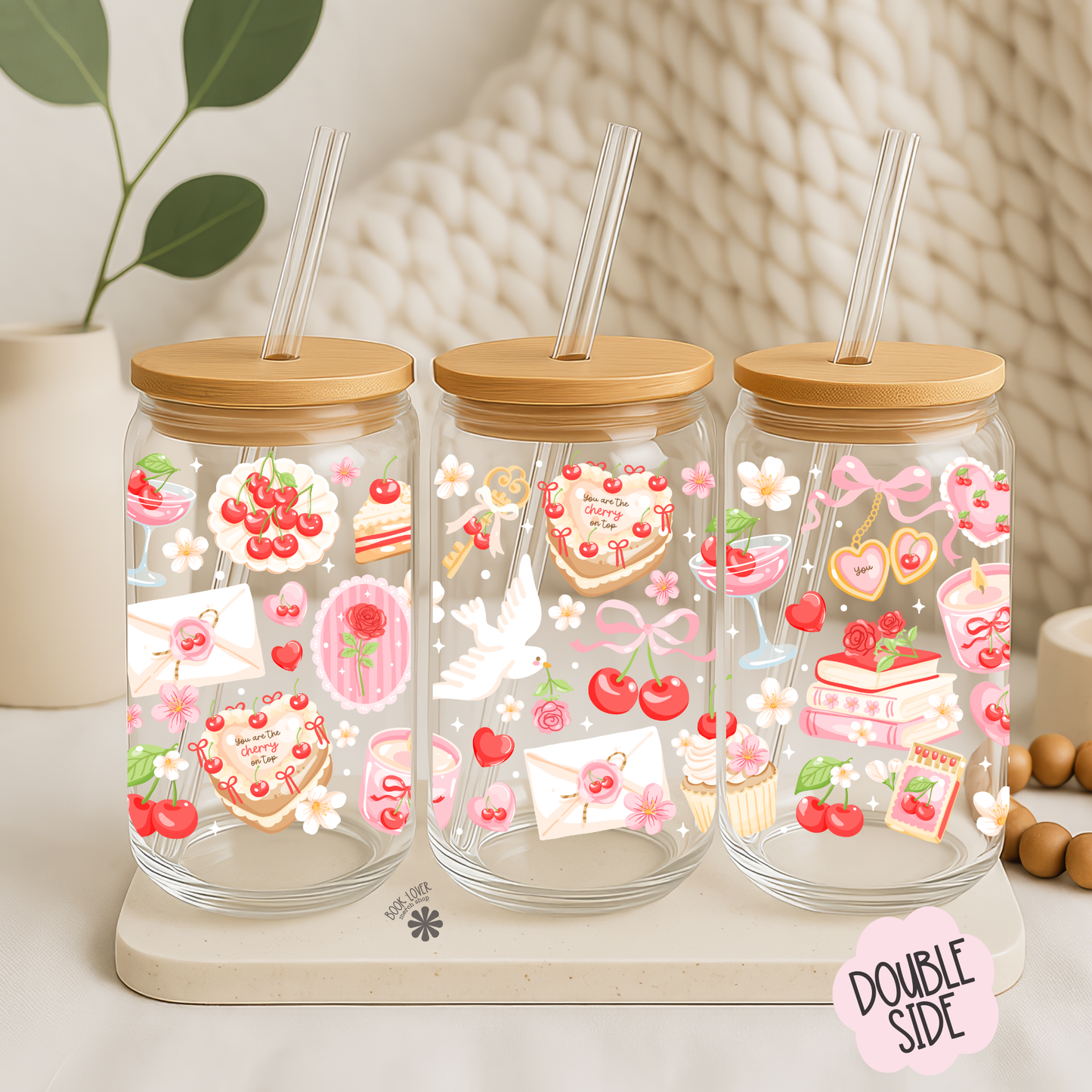 Bookish Valentine 16 OZ Glass Can With Lid and Straw