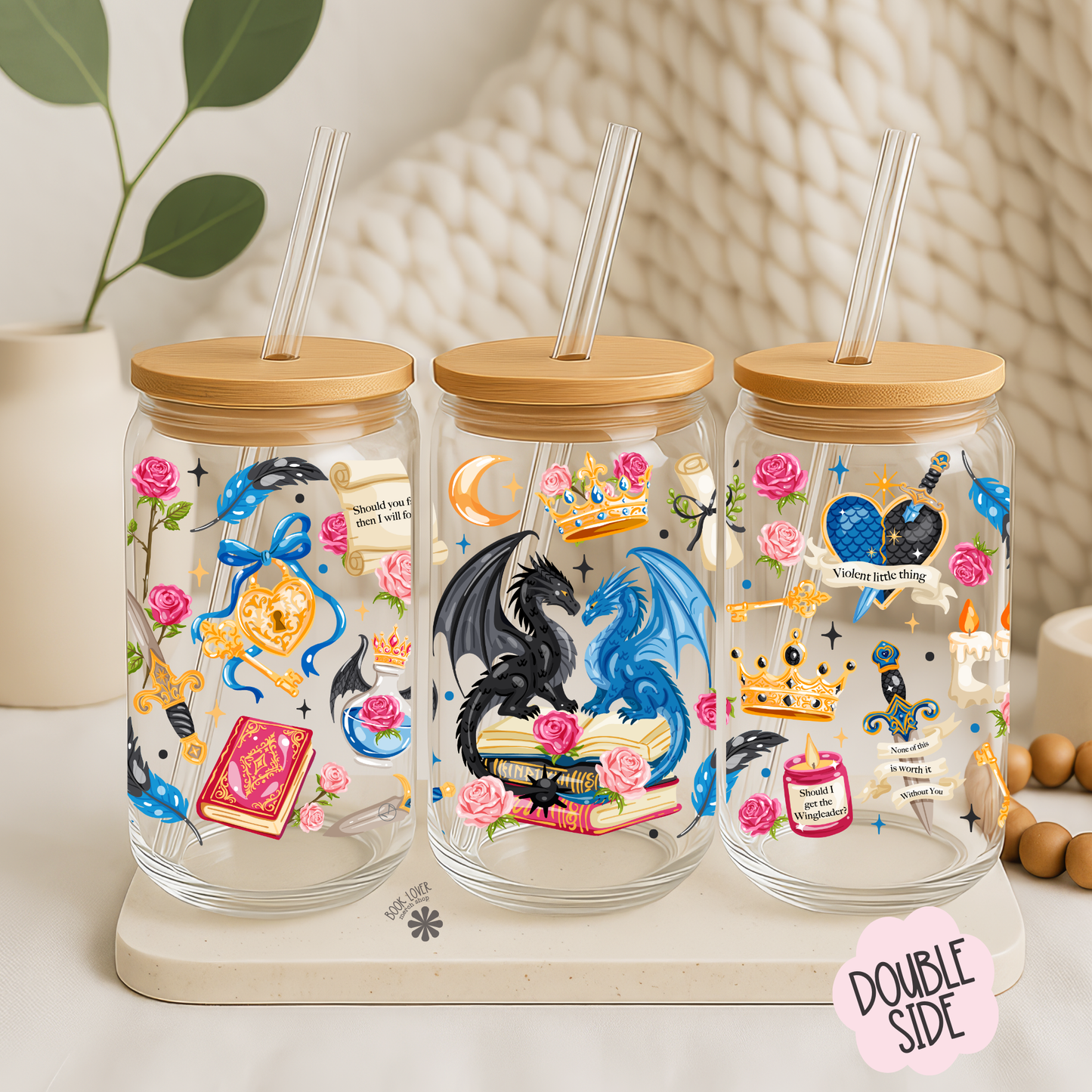 Fantasy Reader 16 OZ Glass Can With Lid and Straw / Bookish