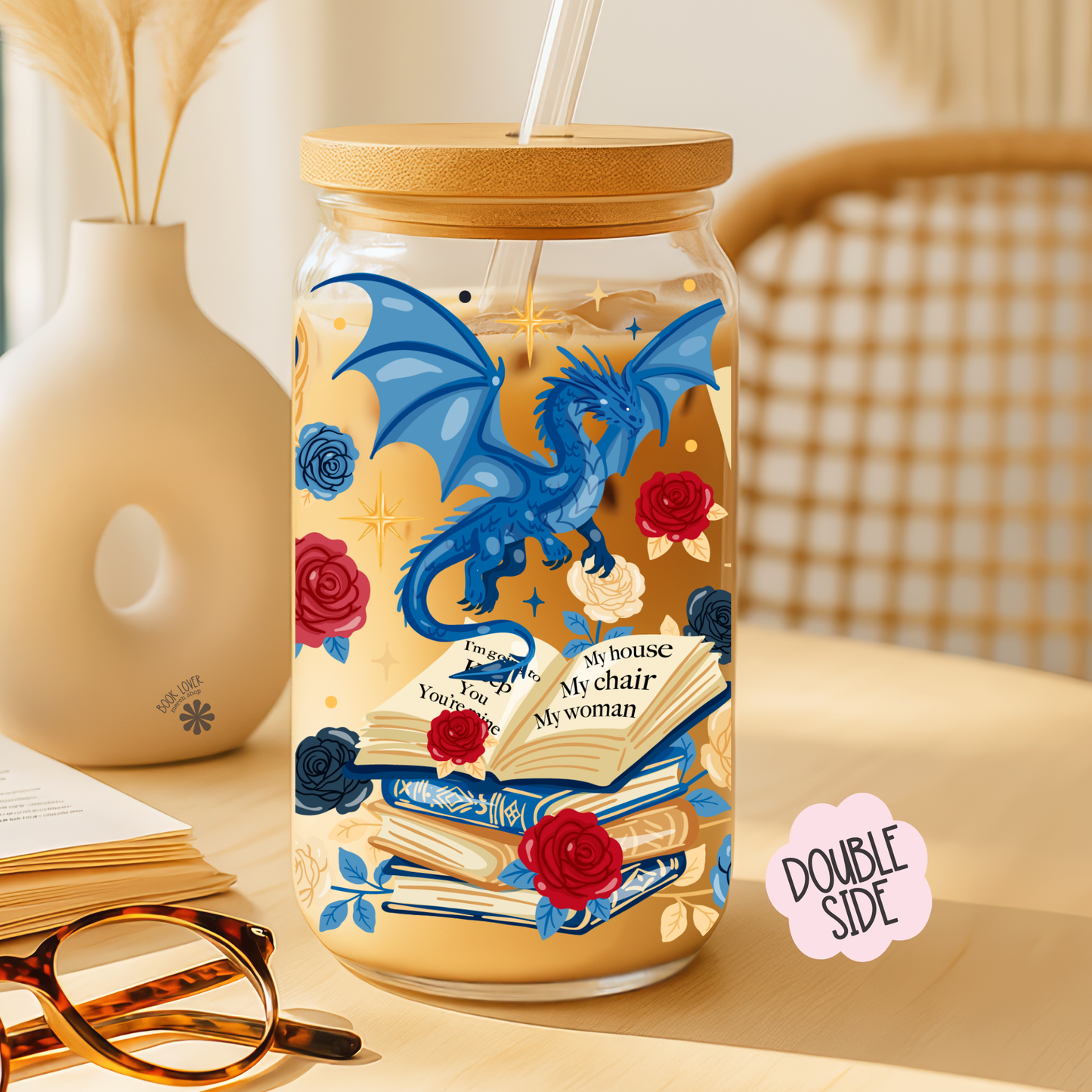 Blue Dragon Fantasy Reader 16OZ Glass Can With Lid and Straw