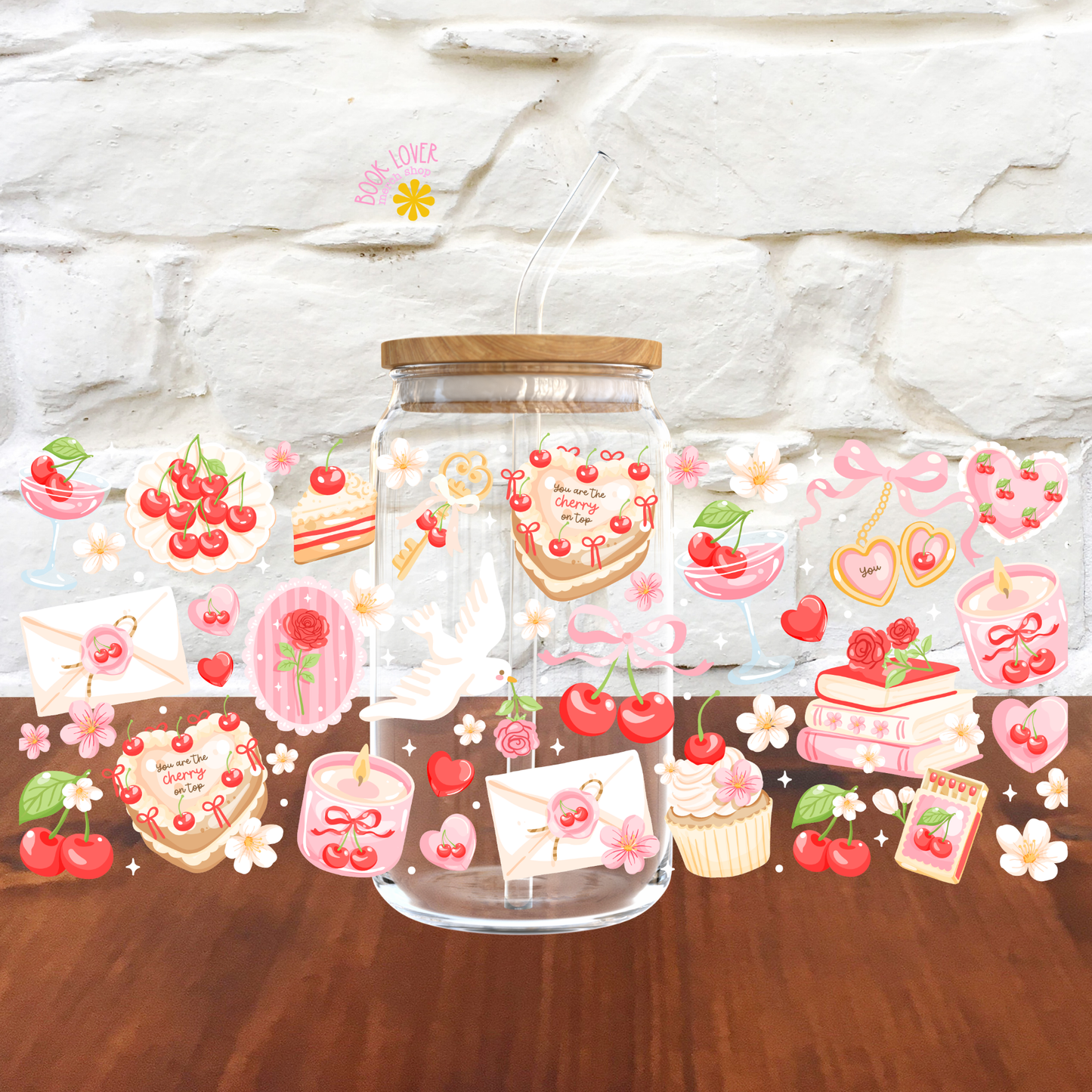 Bookish Valentine 16 OZ Glass Can With Lid and Straw