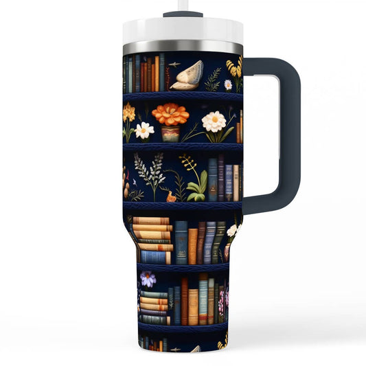 Blue Floral Bookshelf 40 oz Insulated Handle Tumbler