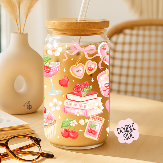 Bookish Valentine 16 OZ Glass Can With Lid and Straw