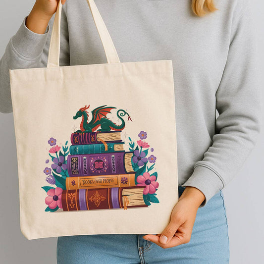 Whimsical Dragon Book Lover Canvas Tote Bag