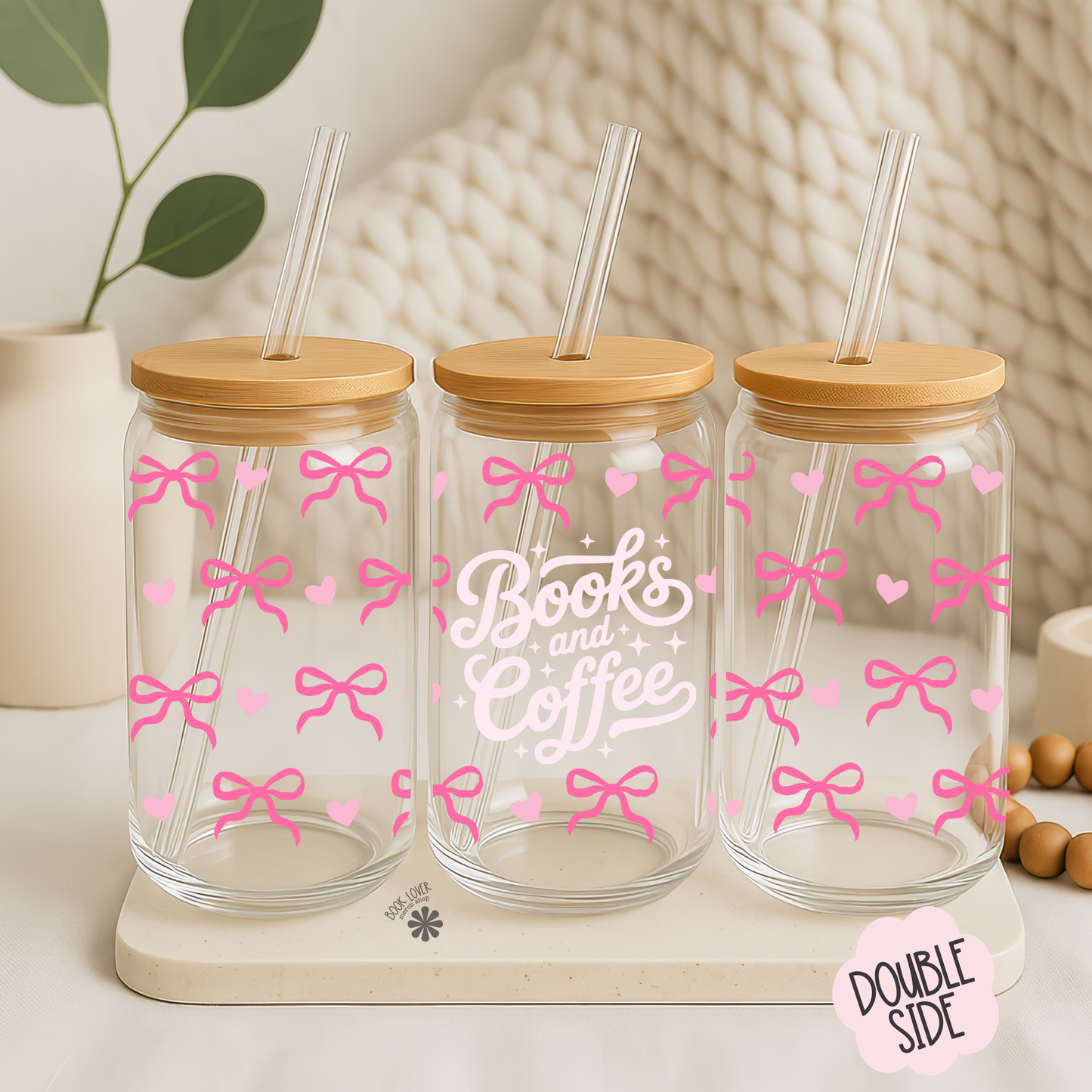 Books and Coffee 16 OZ Glass Can With Lid and Straw