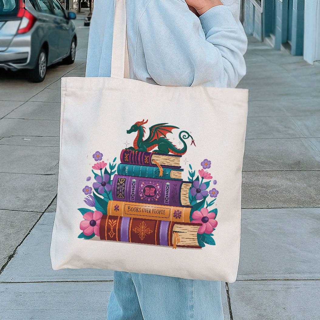 Whimsical Dragon Book Lover Canvas Tote Bag