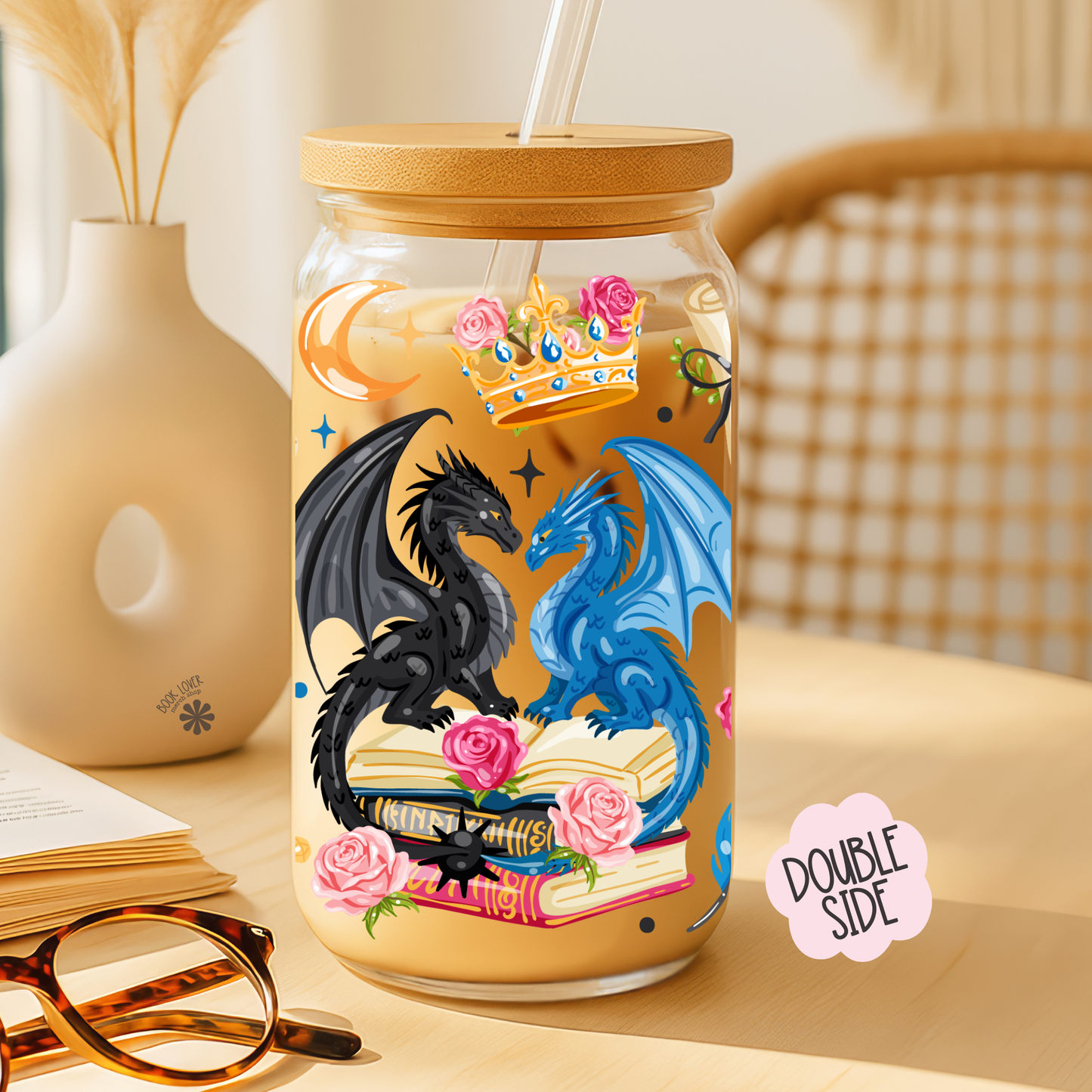 Fantasy Reader 16 OZ Glass Can With Lid and Straw / Bookish