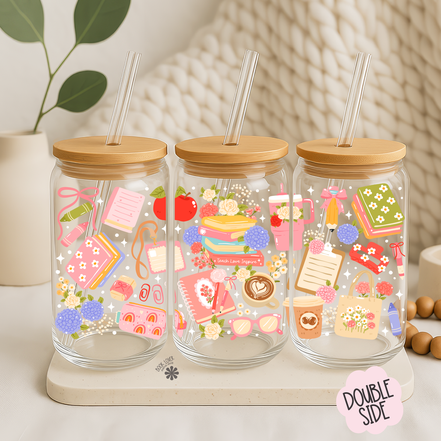 Teach Love Inspire 16 OZ Glass Can With Lid and Straw