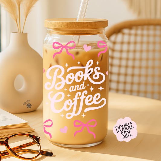 Books and Coffee 16 OZ Glass Can With Lid and Straw