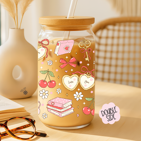 Coquette Bookish 16 OZ Glass Can UV DTF WRAP / Bookish Mug